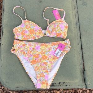 Ninety-Nine Two-Piece Bikini Set in Orange & Pink. NWT